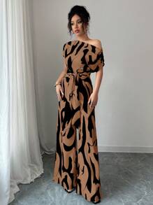 Elenzga 优雅女士不对称腰部褶皱简约修身休闲女士/现代修身连体裤 - 摩卡棕 - 查看 3