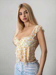 Sweetina Áo ba lỗ lưới họa tiết hoa babydoll dễ thương màu vàng đi chơi mùa hè cho phụ nữ đi nghỉ ở bãi biển, thời trang cho mùa hè - Màu vàng - Xem 4