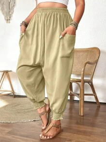 Calvaya Pantalones casuales sueltos de talla grande para mujer, de unicolor, con cintura elástica, bolsillos y cordón, hasta el tobillo - Caqui - Ver 7