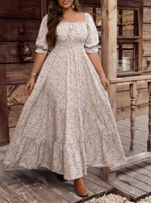EMERY ROSE Plus Size Women's Bohemian Style Vintage Square Collar Romantic Multi-Color Ditsy Floral Long Layered Dress - Multicolor - View 6