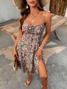 Breezaya 女式碎花细肩带修身长裙，露背复古开衩设计，时尚派对和约会佳选 - 彩色 - 查看 3