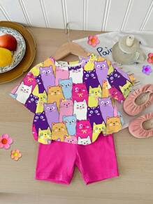 SHEIN 女婴简约休闲可爱彩色猫咪印花时尚圆领短袖T恤和打底裤套装，适合春夏季 - 彩色 - 查看 2