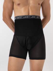 Men's Letter Tape Contrast Mesh Breathable Shorts, Shaping Bottoms