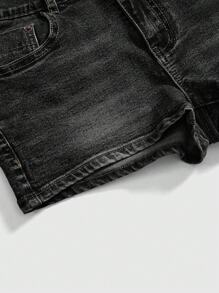 ROMWE Quần short denim thêu túi vá hình chữ Anh Hippie Patch - màu đen - Xem 4