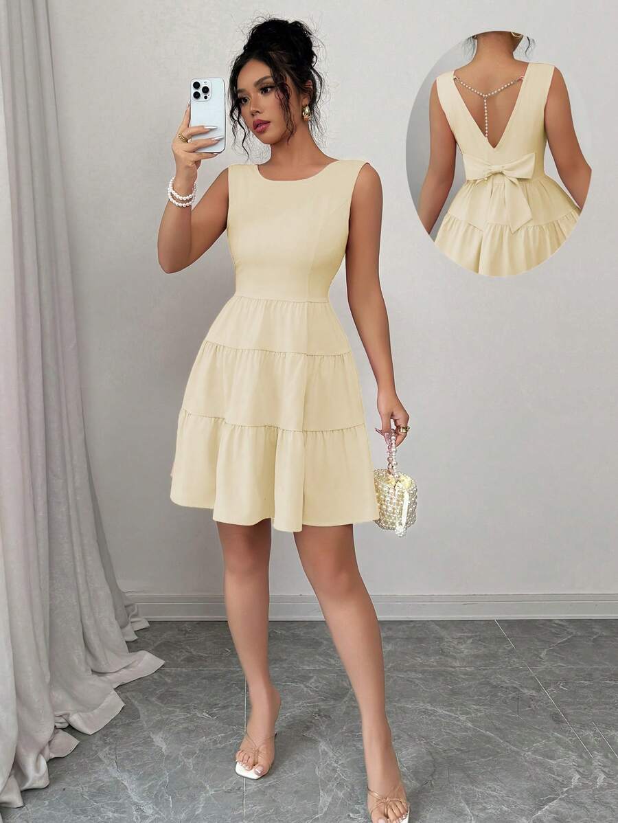 Elenzga 女士纯色蝴蝶结装饰圆领无袖连衣裙 - 杏色 - 查看 1