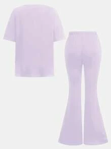 SHEIN Tween Girl Casual Minimalist Short Sleeve Top & Pants 2 Pieces Set, Suitable For Summer - Purple - View 2