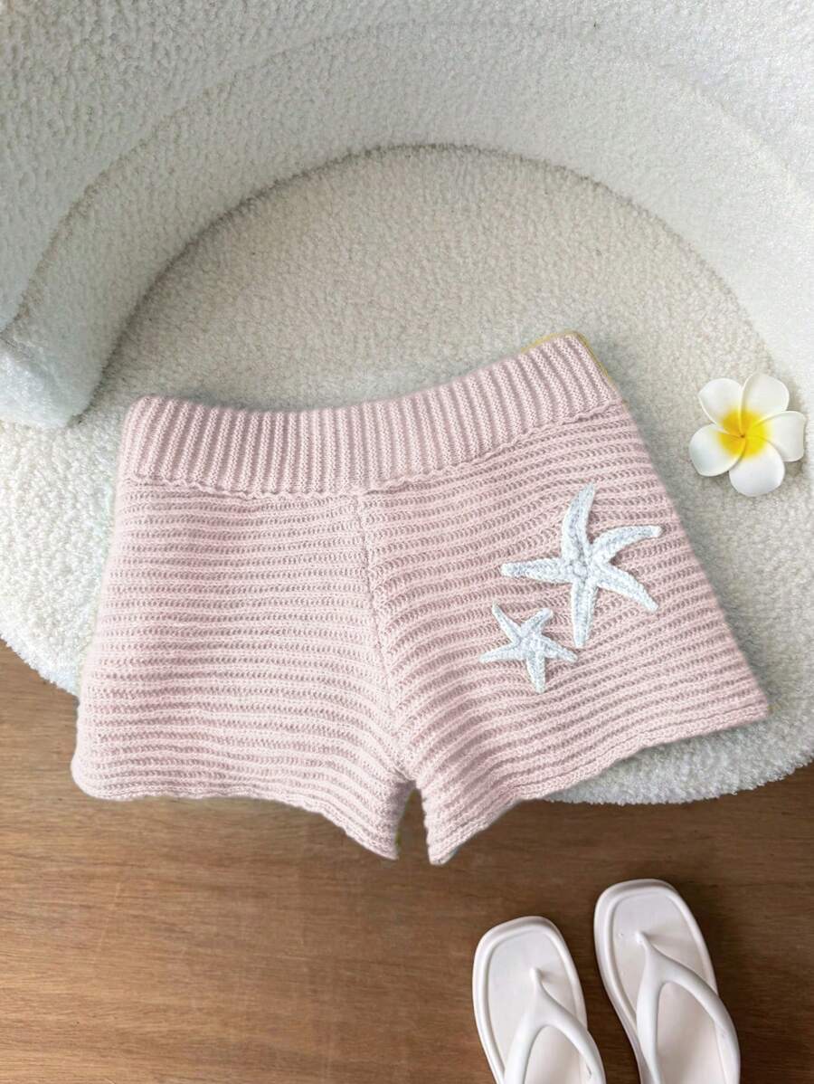Elamini Y2K Style Hand-Crocheted Sea Star Textured Women Knitted Shorts - Baby Pink - View 1