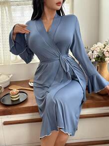 女士休闲喇叭袖睡袍家居服，舒适保暖，秋冬款 - 霧霾藍 - 查看 4