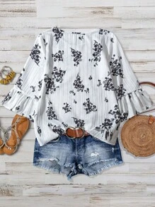 Rusticease Blusa de cuello redondo con mangas acampanadas y estampado floral, ropa para vacaciones