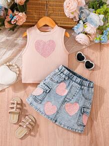 SHEIN 2件套年轻女孩休闲简约舒适圆领无袖上衣带口袋和牛仔A字裙套装 - 粉色 - 查看 1