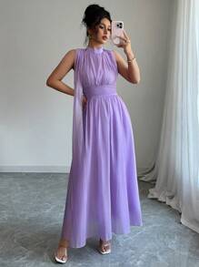 Elenzga Váy suông cổ bẻ xếp nếp thanh lịch ôm sát eo cho nữ, đa năng để mặc hàng ngày, đi chơi, đi nghỉ, đi dã ngoại, mua sắm, v.v., mùa hè - Màu tím - Xem 7