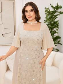 Modelyn Plus Size Women's Ruffled Sleeves Embroidered Patchwork Elegant Midi Dress For Evening Party/Wedding Guest/Anniversary - Multicolor - View 3