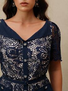 Anewsta Plus Size Women's Waist Cinched V-Neck Short Sleeve Elegant Lace Midi Dress - Blue - View 5