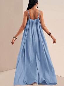 Slaydiva Đầm không tay màu trơn dáng rộng, cỡ lớn, thích hợp mặc mùa hè, váy hè cho nữ. - Màu xanh lam - Xem 3