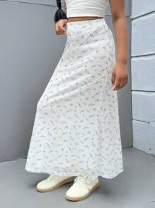 SHEIN Girlism 青少年女孩休闲碎花长款紧身半身裙 - 白色 - 查看 6
