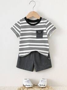 Cozy Pixies 2件套男婴装饰柔软条纹针织套头衫和松紧腰短裤套装 - 彩色 - 查看 1