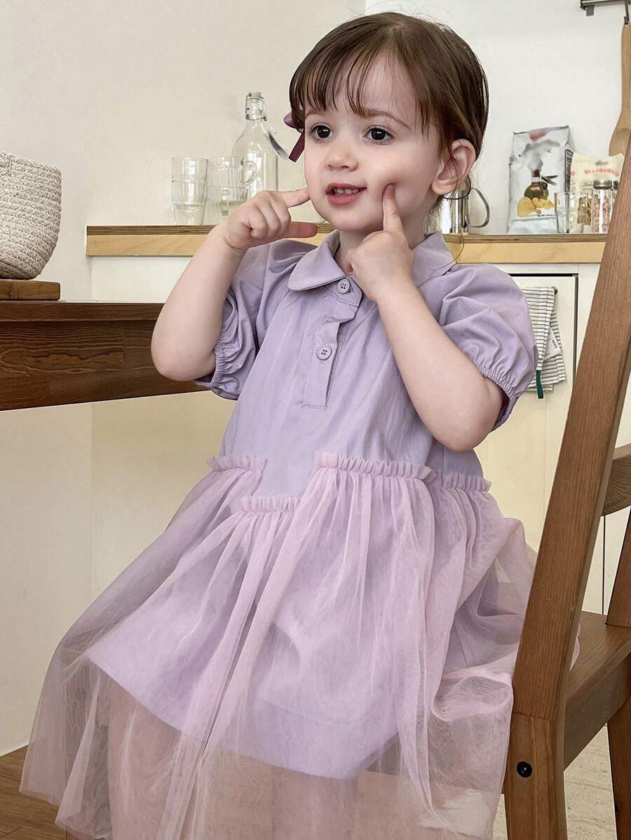 DAZY Baby Girls Summer Elegant Casual Mesh Patchwork Mid-Length Dress Toddler Girls Clothes - Purple - View 1