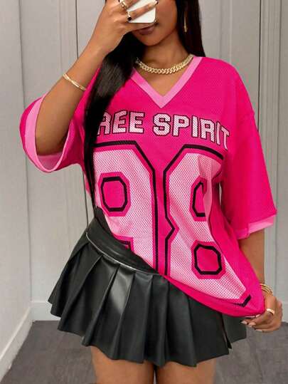 Slaydiva Casual Streetwear V-Neck Loose Fit Short Sleeve Numeric & Letter Print T-Shirt For Plus Size Women, Pink Suitable For Going Out