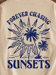 Manfinity Joysei Casual, Vacation Inspired Men's Khaki Palm Tree & Letter Print Slim Fit Crew Neck Short Sleeve T-Shirt, Suitable For Summer Outdoor, Dates, Gatherings; Also Suitable For Couples, Family Matching; Great Gift For Boyfriend Summer Sets For Men Men Beach Clothes Set Men Summer Clothes Graphic