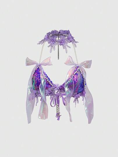 Fairycore Women's Solid Color Sequin 3D Flower Decor Halter Crop Top