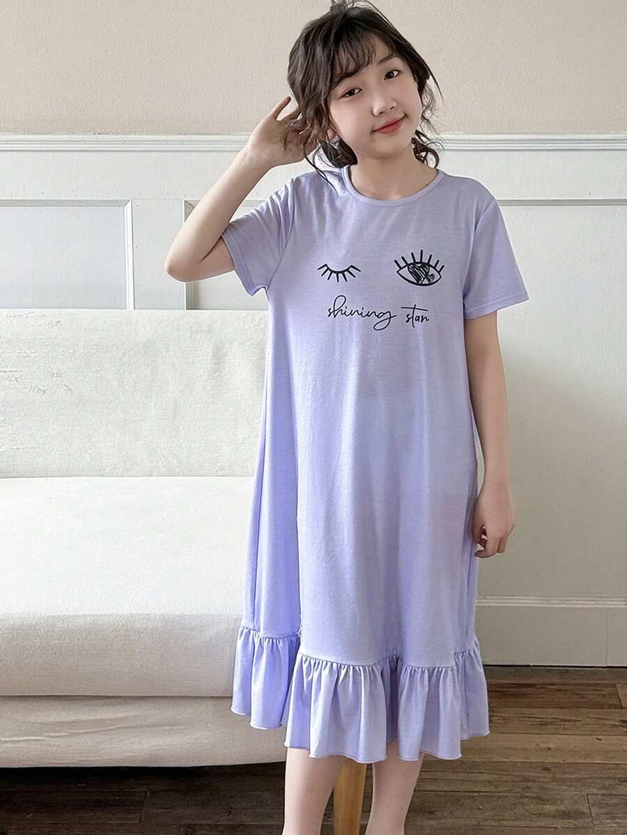 Tween Girl Minimalist Cartoon Pattern Round Neck Short Sleeve Ruffle Hem Loose Casual Nightgown - Mauve Purple - View 1