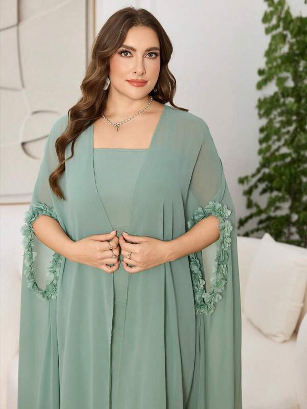 Modelyn Set 2 piese mărime mare: Rochie fără mâneci cu cardigan cu guler șal, modele florale, elegantă și luxoasă, croială lejeră, mâneci cu aripi de liliac, verde mentă