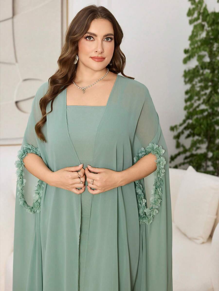 Modelyn 2 件加大码套装：无袖连衣裙配披肩领开衫，花卉图案，优雅奢华，宽松版型，蝙蝠袖，薄荷绿 - 薄荷綠 - 查看 1