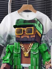 SHEIN Leap Crew 2 件套年轻男孩休闲简约圆领短袖 T 恤和短裤，适合夏季 - 彩色 - 查看 4