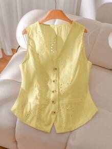 CosyJoli Plus Size Women Embroidery Single Breasted Vest Jacket In ,Slightly Sheer Spring To Summer - Yellow - View 1