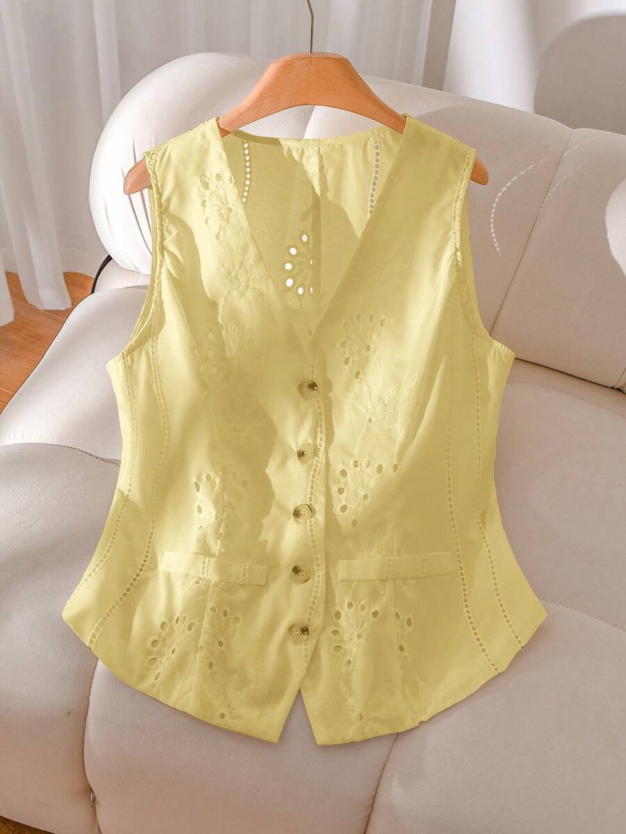 CosyJoli Plus Size Women Embroidery Single Breasted Vest Jacket In ,Slightly Sheer Spring To Summer - Yellow - View 1