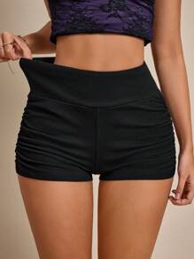 SHEIN EZwear Pantalones cortos de mezclilla casuales y versátiles con drapeado, de verano - Negro - Ver 7