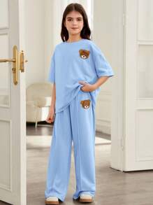 SHEIN Leap Crew 青少年女孩休闲宽松落肩贴布短袖上衣搭配褶皱长款运动裤套装 - 淺藍色 - 查看 1