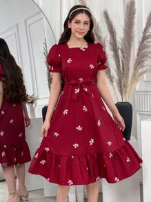 青少年度假沙滩装田园热带树叶和碎花露肩泡泡袖束腰连衣裙，夏季 - 酒紅色 - 查看 5