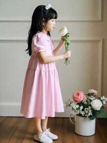 SHEIN 女孩休闲迷人彼得潘领插肩短袖高腰宽松中长款纯色连衣裙，粉色，夏季