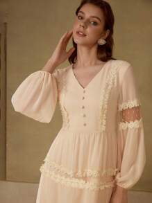MOTF PREMIUM VESTIDO CON VOLANTE DE ENCAJE DE CONTRASTE - Rosa - Ver 2