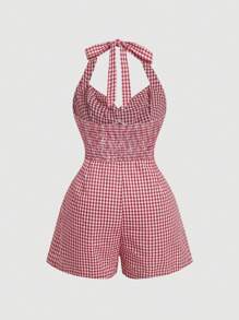SHEIN MOD Bộ đồ liền thân buộc dây phía trước kẻ caro dễ thương cho nữ cỡ lớn - Đỏ và trắng - Xem 2