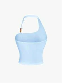 SHEIN MOD Plus Size Women Floral Light Blue Halter Top,Asymmetrical Shoulder,Pearl Decor,Summer,Boho,Beach,Holiday,Fairycore,Hawaiian Resort Wear,Y2k,Vacation - Blue - View 2