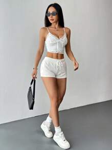 INAWLY Women's Casual Rhinestone Embellished Numbered Shorts, Summer - White - View 4