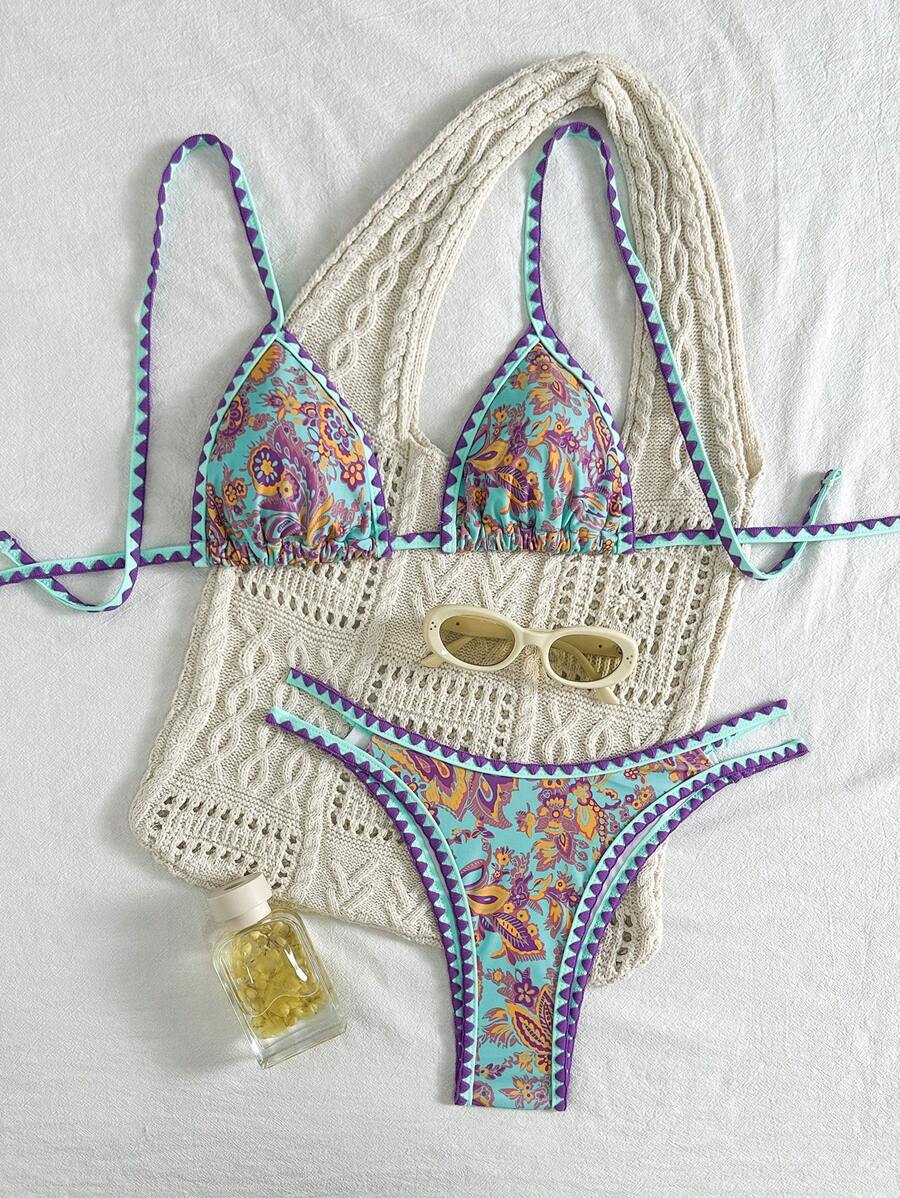 Swim Vcay Set de costum de baie sexy din două piese pentru femei, cu imprimeu de plante tropicale - Multicolor - Vizualizare 1