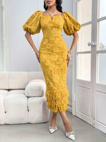 Modelyn Women's Floral Jacquard Fringe Hem Bubble Sleeve Dress Long Evening Dresses - Yellow - View 3
