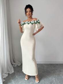 Modelyn 1 件女式露肩花卉刺绣网眼拼布连衣裙