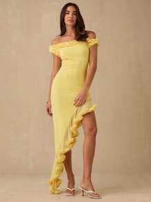 Enchnt Frühlings-/Sommer-Romantik Damen Sonnengelb Rüschen Dekor Off-Shoulder asymmetrisches Saum elastisches schlankes Maxikleid, süß & elegant für Urlaub & Date & Feiertag & Party & Abschluss & Hochzeitsgast & Strand, Abendkleid, Sommerkleider für Damen, Sommerkleider für Damen, Sommerkleidung, elegante Kleider für Partys