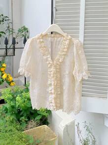 DAZY Chemisier casual en tissu texturé avec bordure à volants, Cardigan col V pour femmes