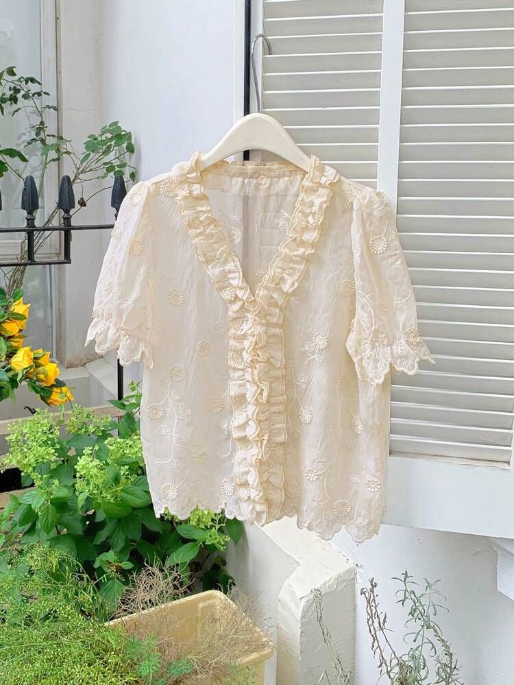 Women's V-Neck Cardigan Shirt With Frill Trim, Textured Fabric Casual Blouse