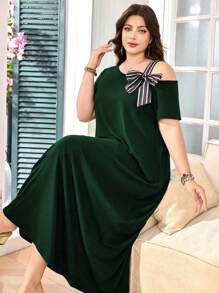 SHEIN Lacomfia Đầm tay ngắn cổ lệch kẻ sọc trang trí nơ cỡ lớn cho nữ - Màu xanh lá cây đậm - Xem 3