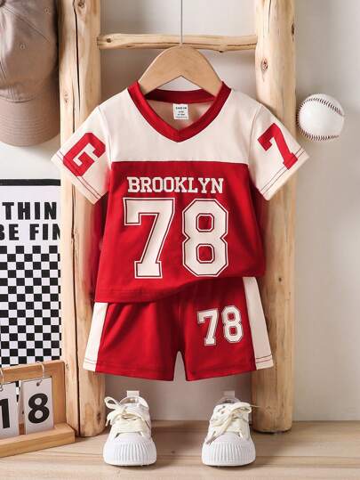 SHEIN Genkimix Kids Baby & Toddler Boys' Sporty V-Neck Short Sleeve T-Shirt & Printed Sports Shorts Outfit, Suitable For Casual Wear, Sports Viewing, Summer