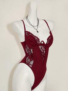 SHEIN ICON Y2K 春季嘉年华蕾丝拼布短款吊带背心上衣高腰露背女式吊带背心 - 酒紅色 - 查看 4