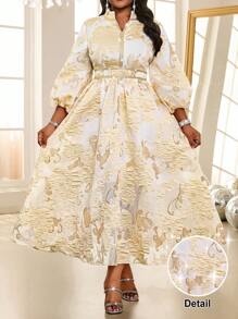Fleurora Ladies' Floral Jacquard Long Lantern Sleeve Modest Dress Elegant Party Wedding Guests Four Seasons Old Money FestivalPlus Size Dresses Cruise Outfits Women