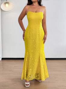 SHEIN Clasi Váy suông đuôi cá jacquard màu trơn thanh lịch cỡ lớn cho nữ, mùa hè - Màu vàng - Xem 3