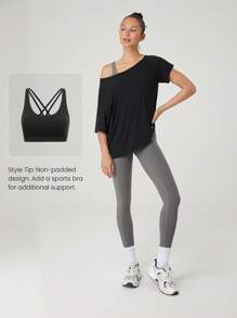 GLOWMODE 莫代尔丝滑不对称下摆露肩 3/4 袖运动 T 恤日常休闲装